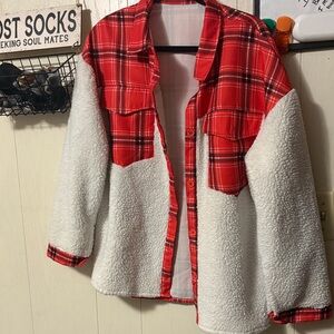 Red Plaid and White Sherpa Jacket